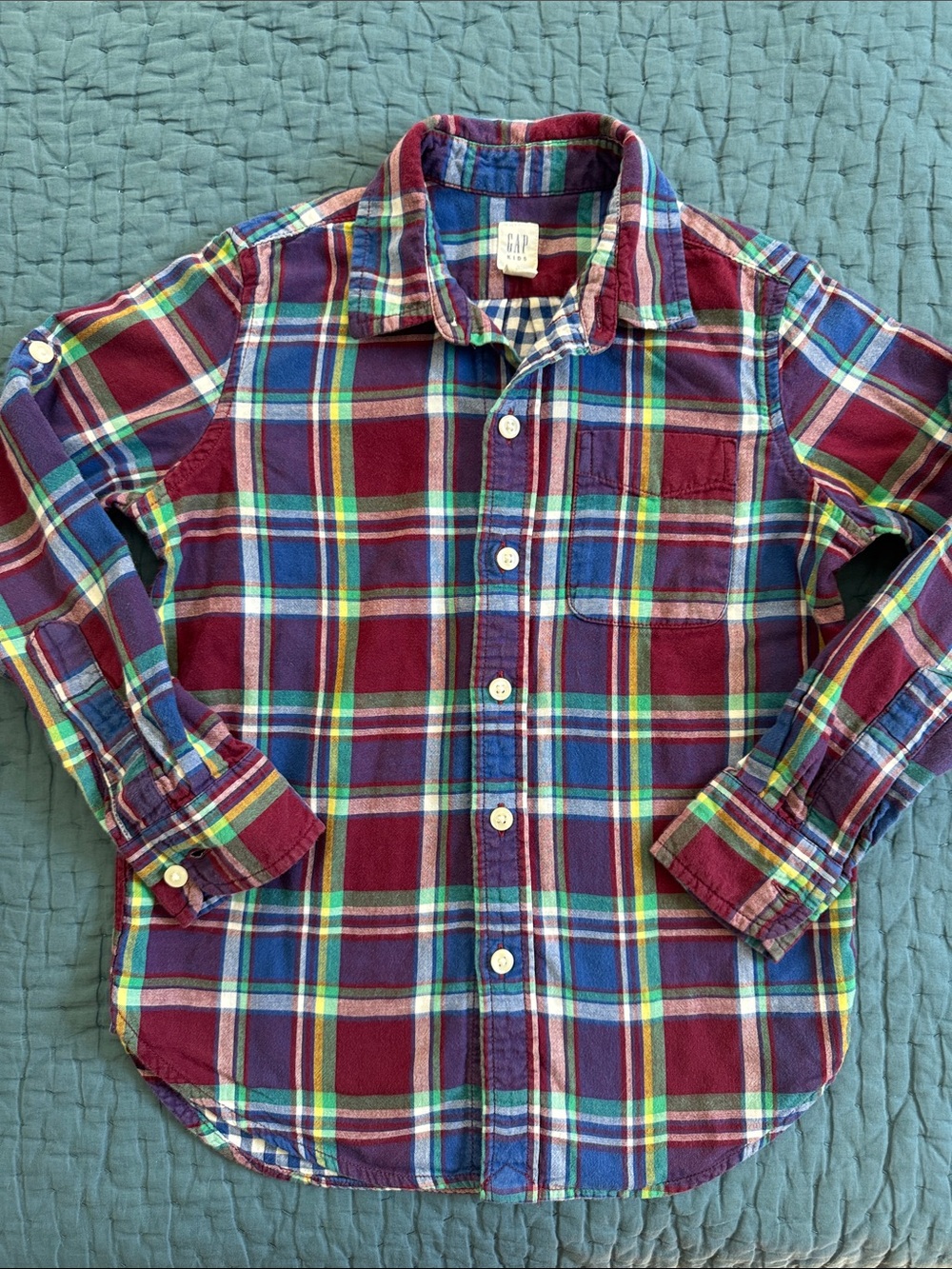 GAP Size S(6/7) Burgundy, Blue & Green Plaid Cotton Button-Down Shirt